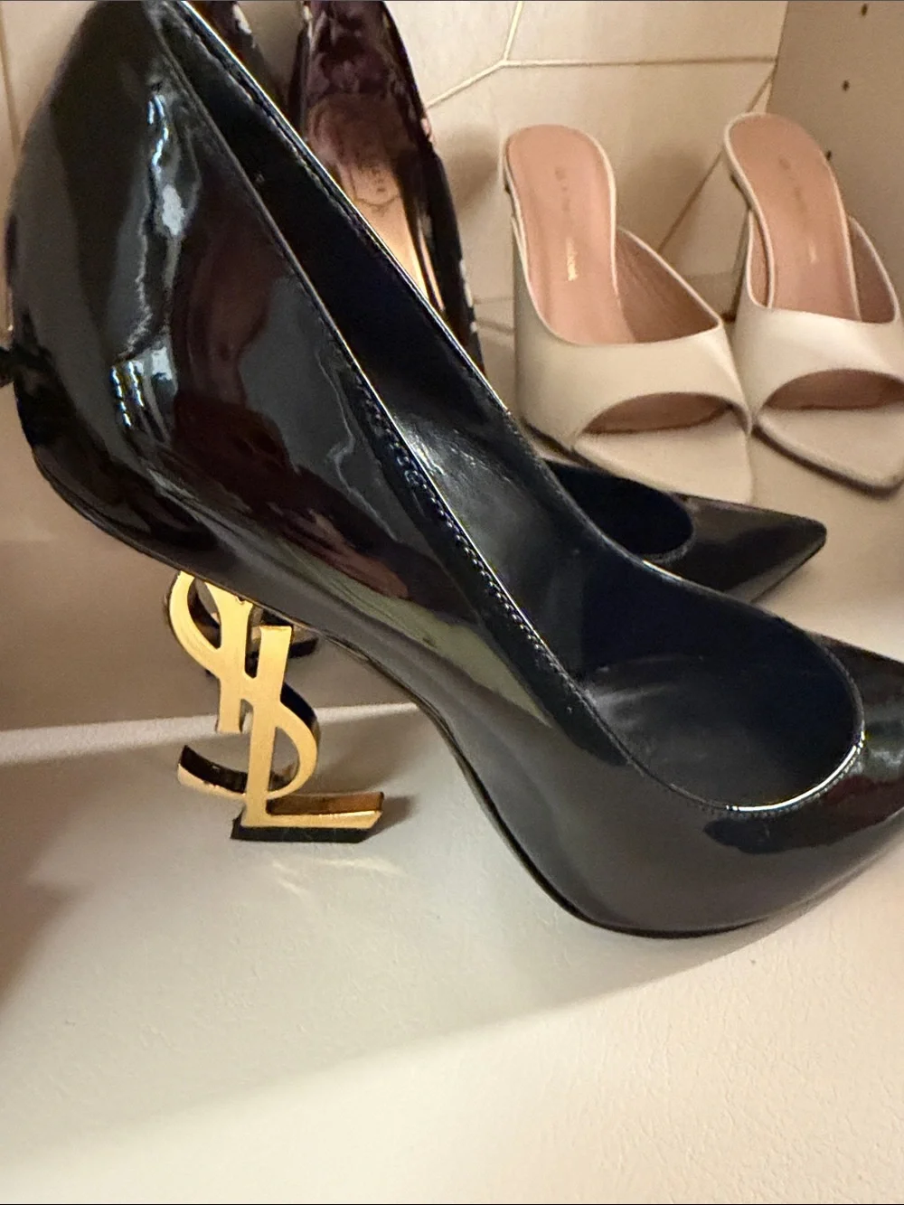 Saint Laurent Black Patent Pumps with Gold YSL Logo Heel - Picture 8 of 8